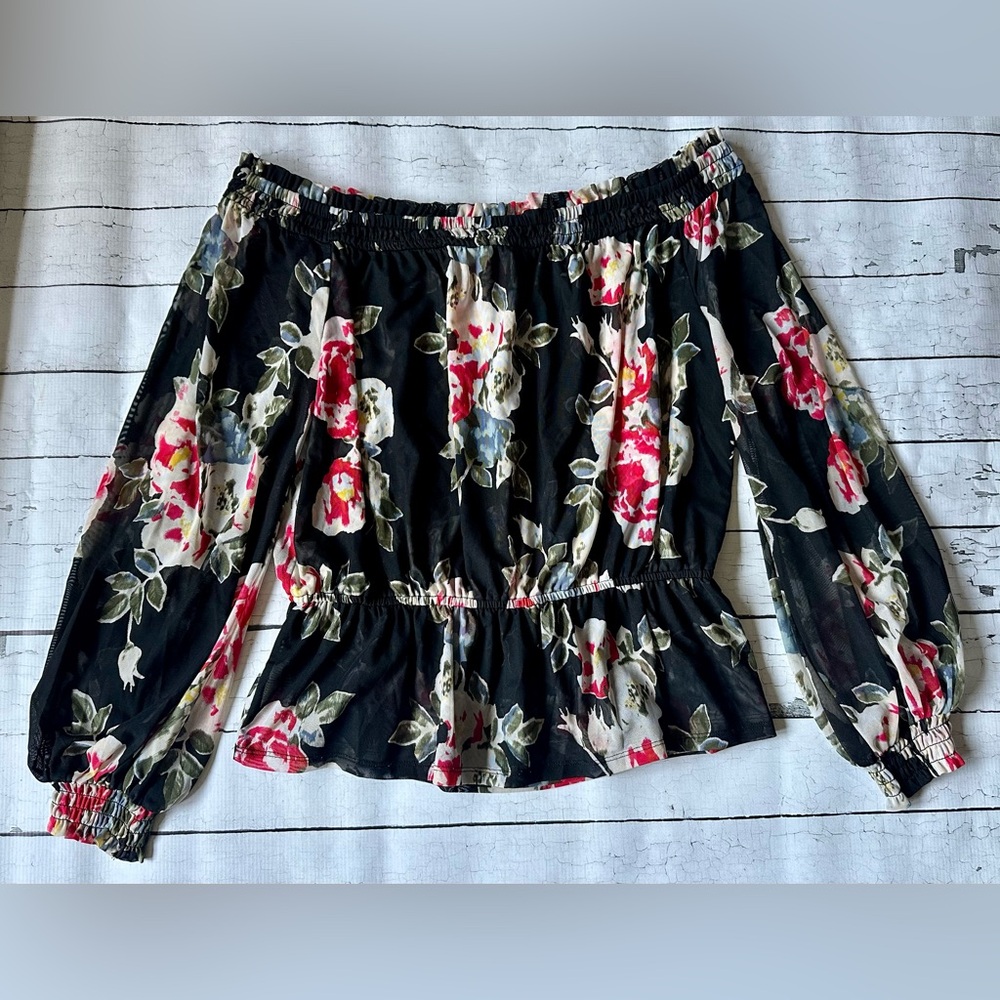 White House Black Market Black Floral Off-Shoulder Blouse size L